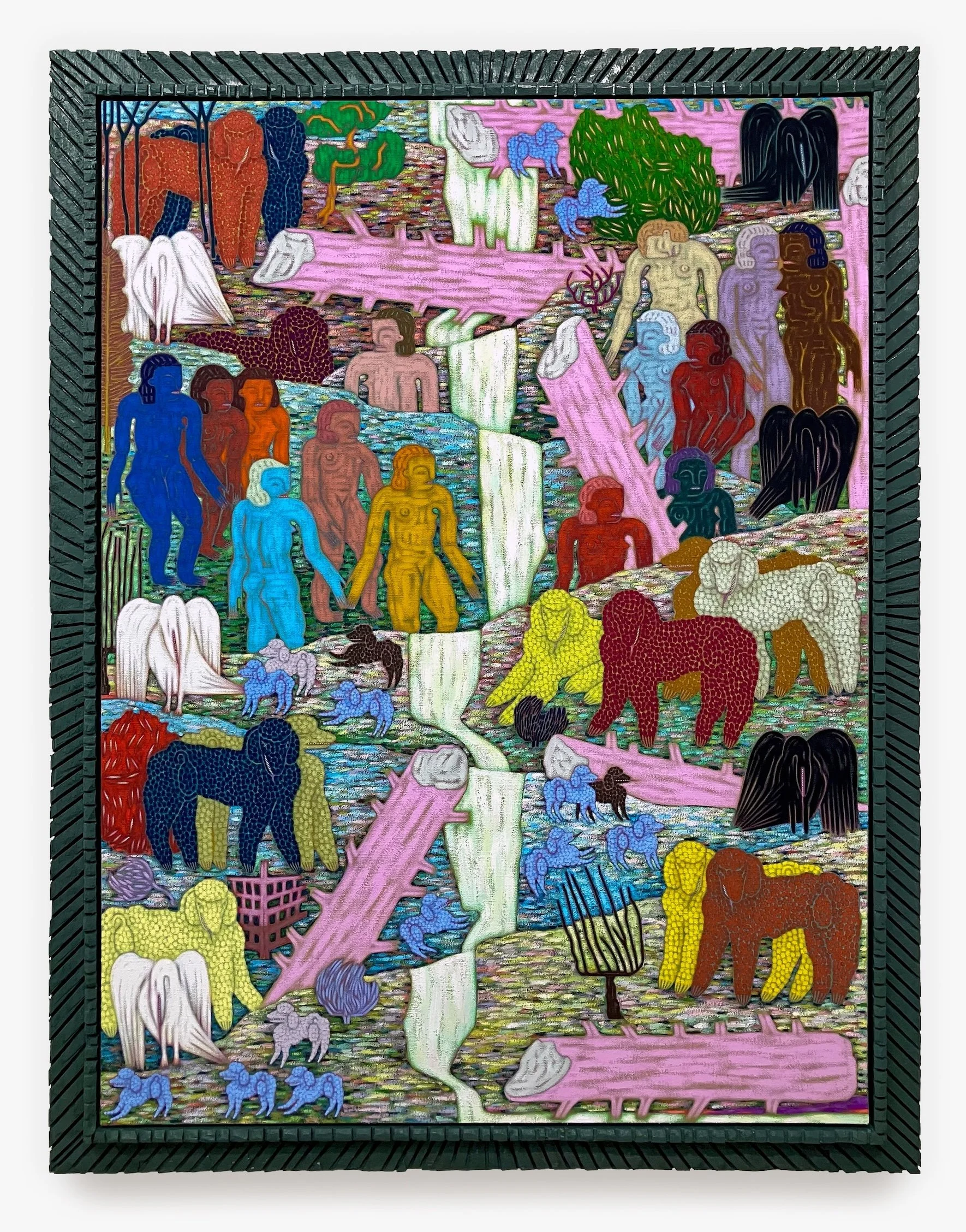   Pink Trunks , 2023, acrylic and water soluble crayon on unprimed linen, in artist’s frame, 60 × 45 inches, framed: 67 1/2 x 52 1/2  inches 