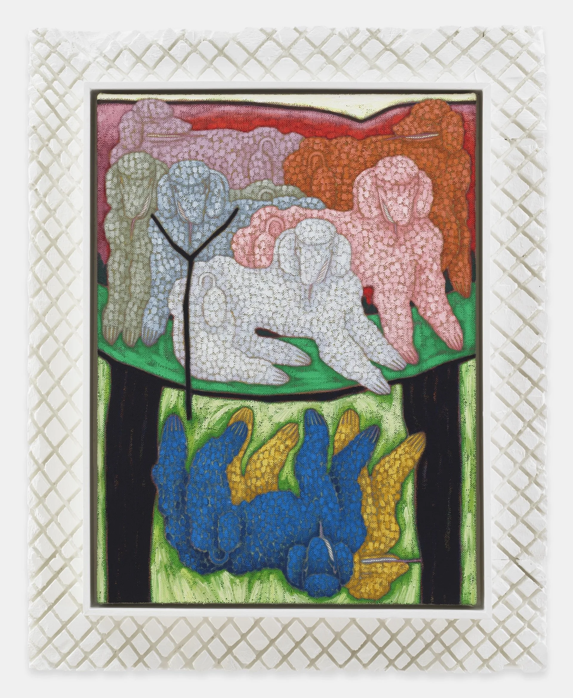   Backyard Shade , 2024, acrylic and water soluble crayon on unprimed linen, 24 x 18 inches, framed: 32 x 26 inches 