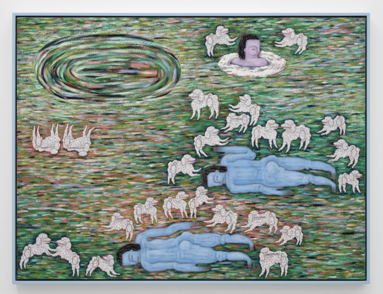   At The Heels , 2024, acrylic and water soluble crayon on unprimed linen, 30 × 40 inches 