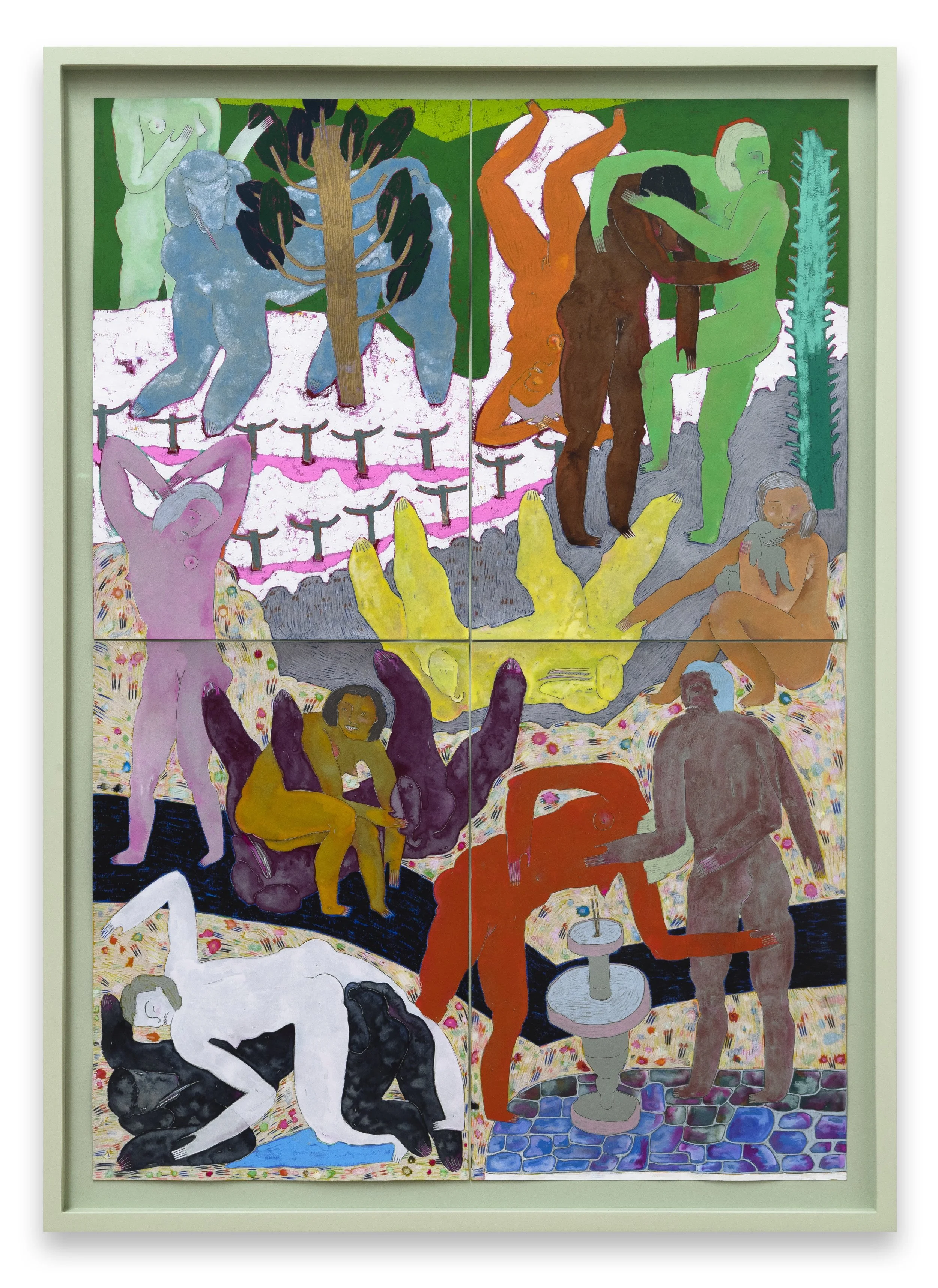   Everything’s A Sandwich , 2025, watercolor, gouache, colored pencil and ink on paper, overall: 33 x 23 inches (four sheets each 16.5 x 11.5 inches) 