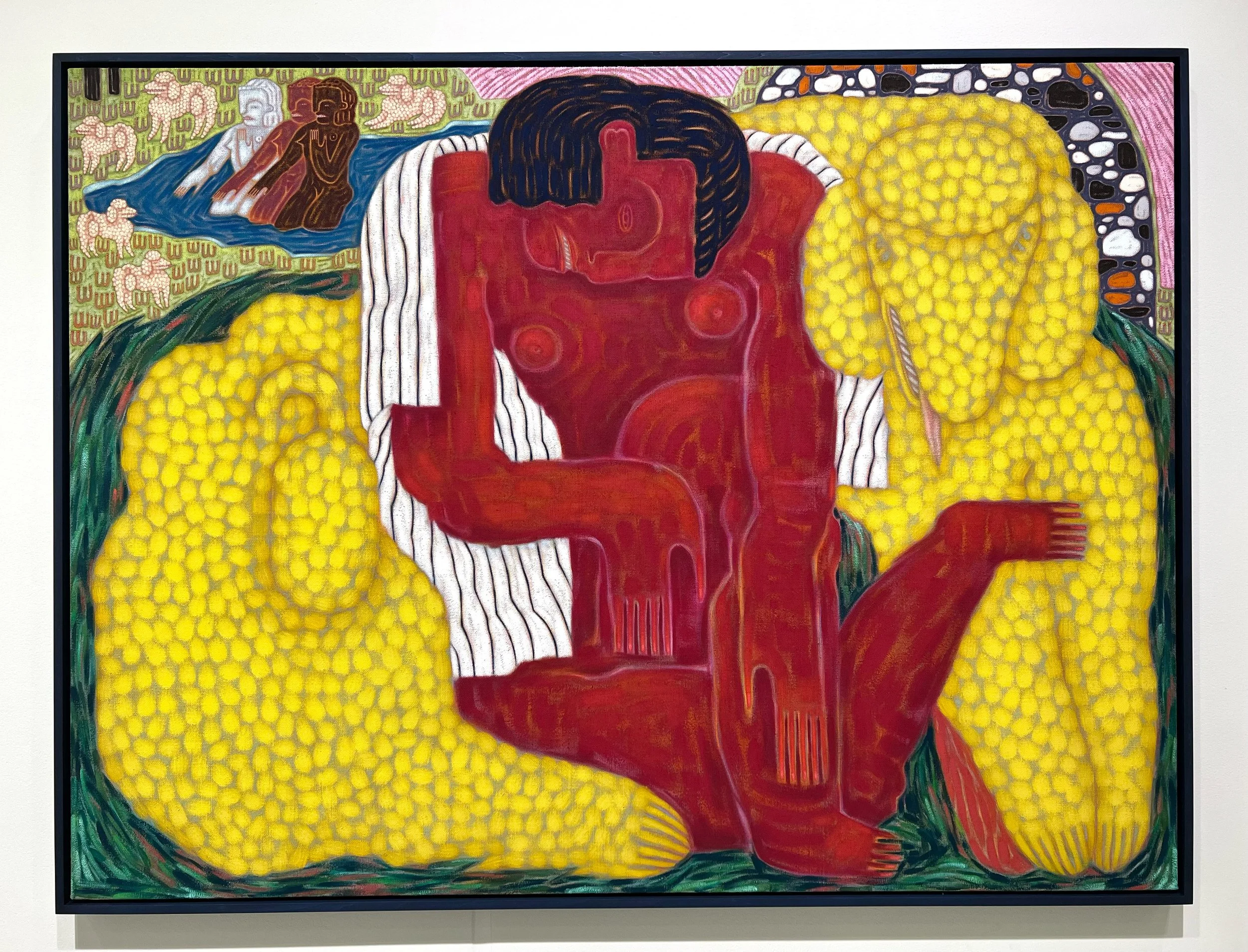   Striped Throw , 2023, acrylic and water soluble crayon on unprimed linen, 45 x 60 inches&nbsp; 