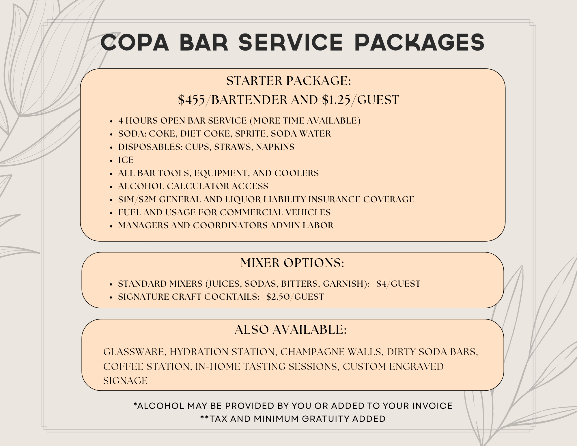 Bar Package Pricing