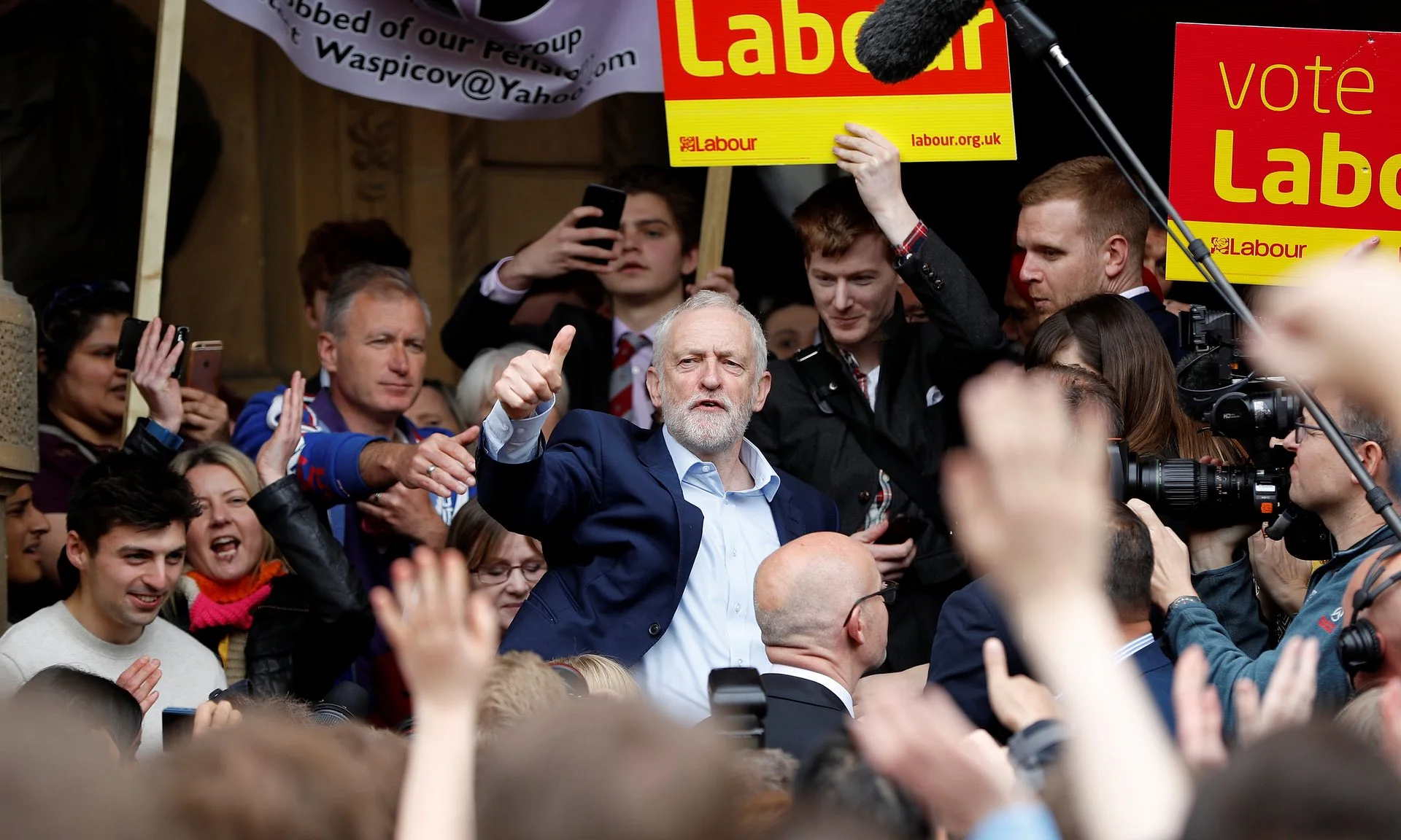 Jeremy Corbyn campaigns outside Leamington Spa town hall, in a Conservative-held area. Photograph: Darren Staples/Reuters (Courtesy of The Guardian , 2017).