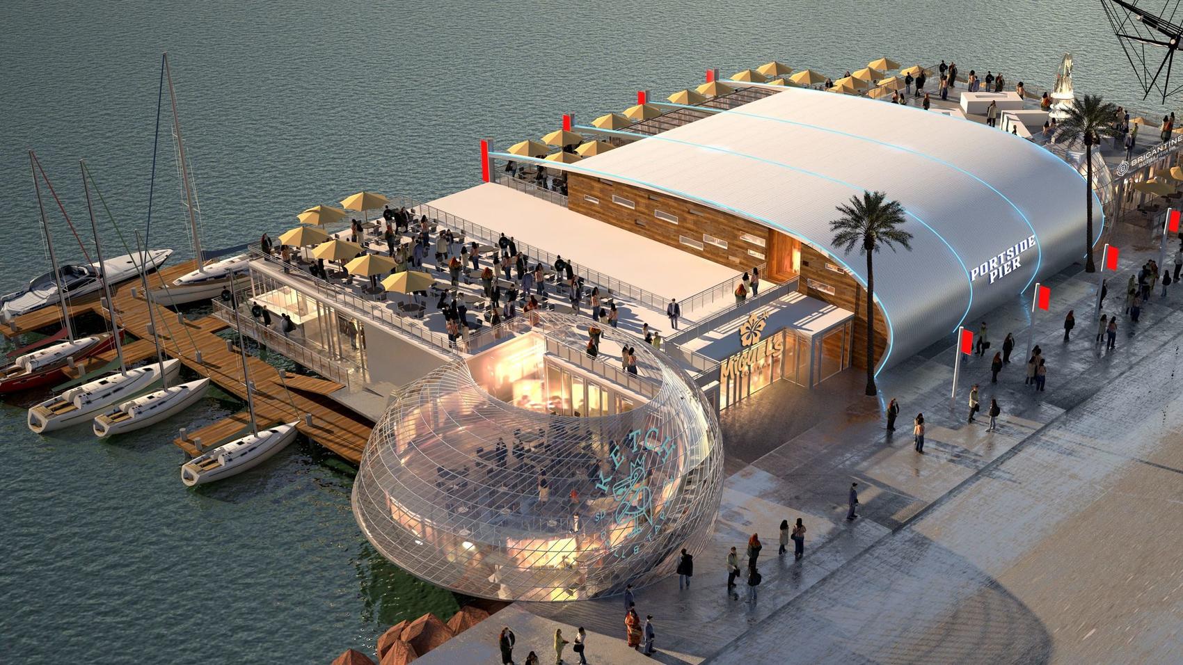 The Brigantine's Portside Pier project proposes Mexican and seafood restaurants, a coffee and gelato bar and a craft brew pub. Public areas would a public deck and expanded dock. (Brigantine Restaurants)