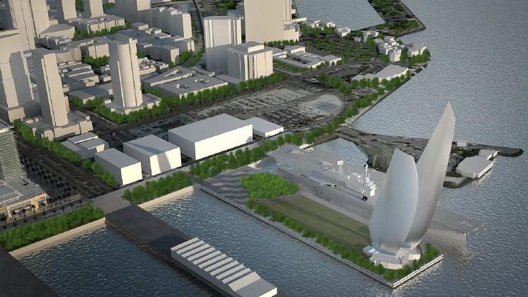 One from the proposal submitted in 2011 proposed a 500-foot high "Wings of Freedom" sculpture and park above a parking deck at Navy Pier. (USS Midway Museum)