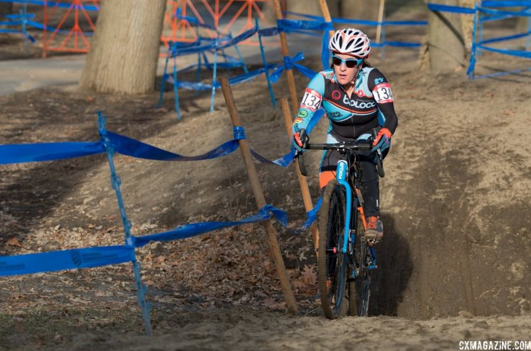 The runs were challenging for the still-recovering racer, but the rest of the course "was a blast." Sharon Sloan racing the Masters 40-44 women's race at the 2017 Cyclocross National Championships in Hartford. © Cyclocross Magazine.