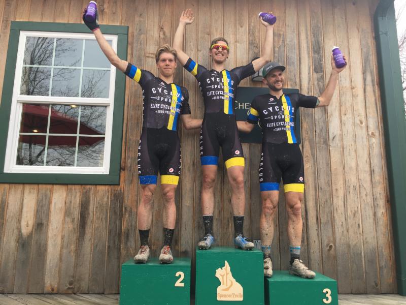 Cycle-Smart Athletes round out the podium at Tour de Lake with Coach Jacob Fetty in 3rd, Seth Kemp in 2nd and Merv Davis on the top step in the Pro Men's Short Track.