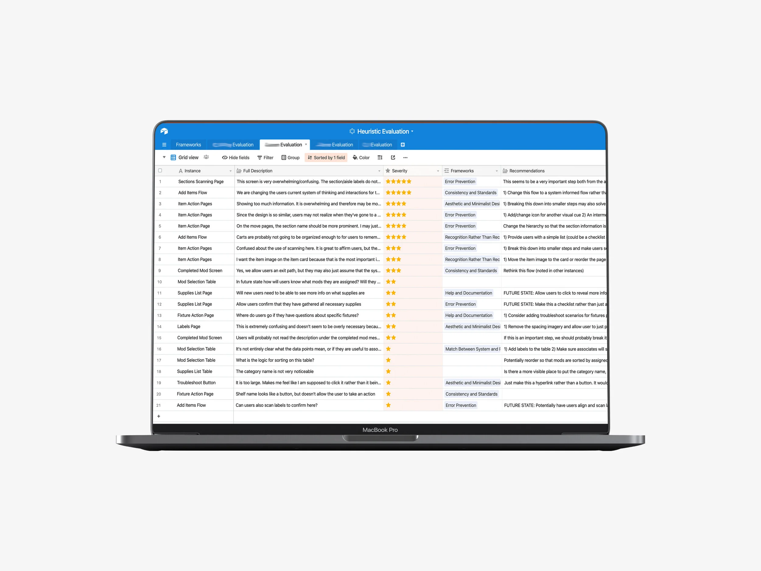 Analysis of heuristic evaluation results using Airtable