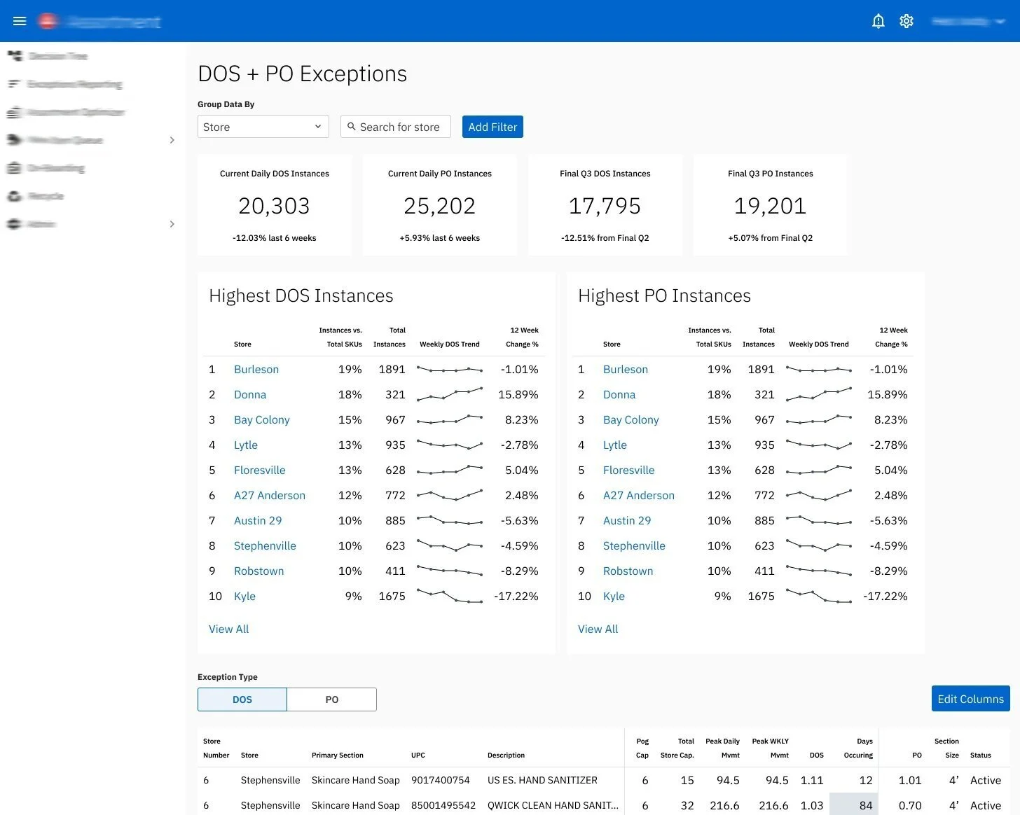 High-fi design for Exceptions Report.