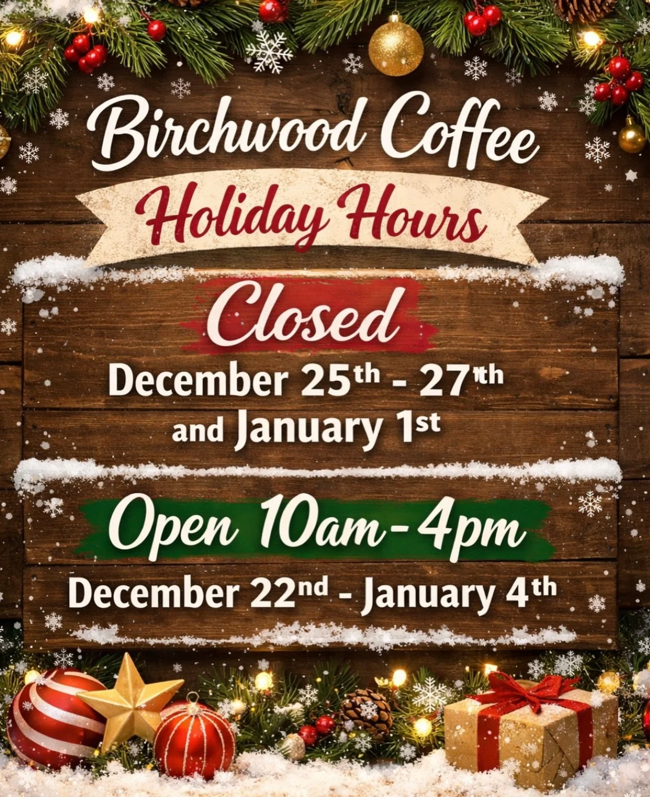 𝙃𝙤𝙡𝙞𝙙𝙖𝙮 𝙃𝙤𝙪𝙧𝙨

𝗢𝗣𝗘𝗡 10am-4pm December 22nd-January 4th

𝗖𝗟𝗢𝗦𝗘𝗗 December 25th-27th and January 1st 

𝓗𝓪𝓹𝓹𝔂 𝓱𝓸𝓵𝓲𝓭𝓪𝔂𝓼 𝓮𝓿𝓮𝓻𝔂𝓸𝓷𝓮!

#birchwoodcoffee #holidayhours #yellowknife #coffeeshop