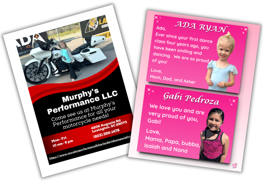 Examples of business ads and dancer shoutouts