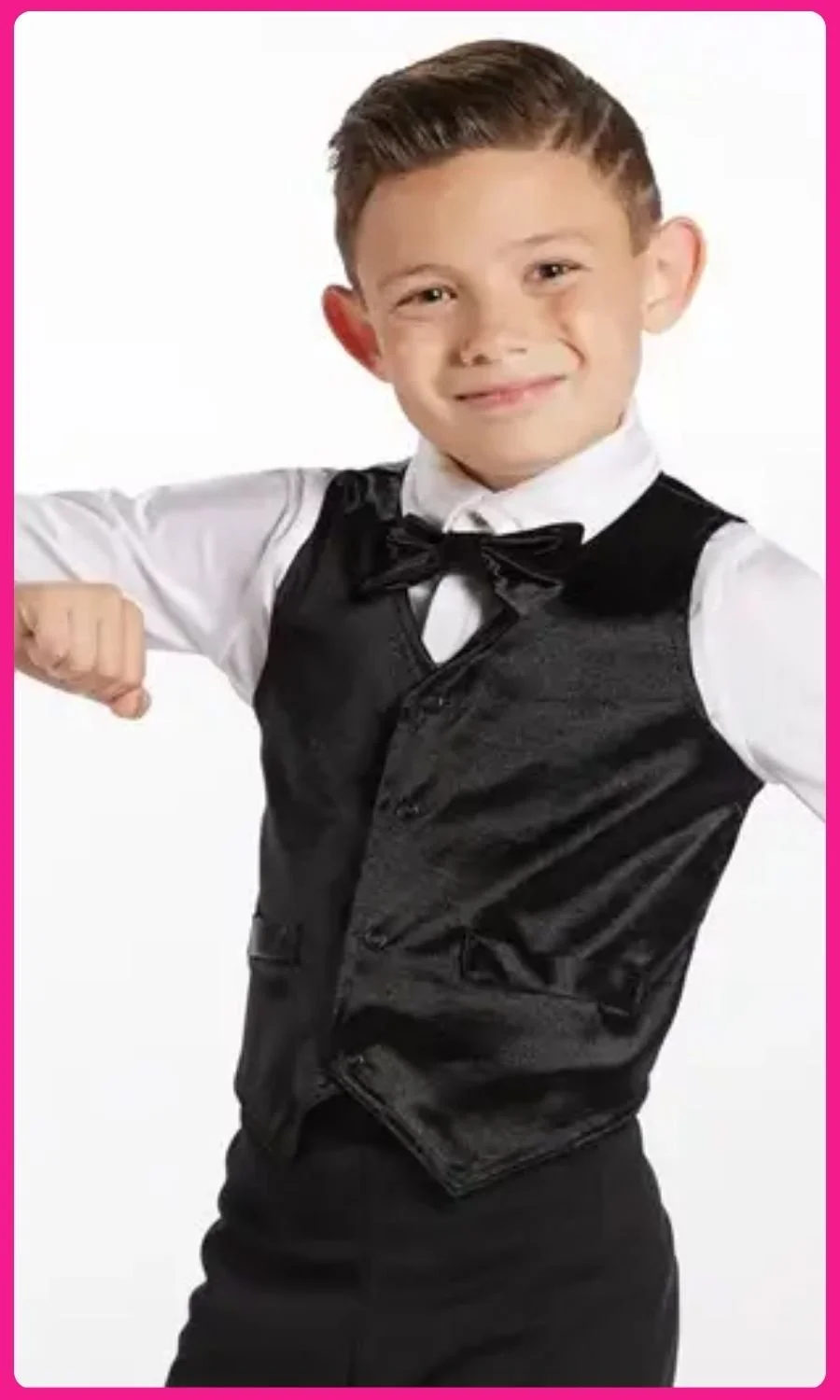 Male attire: black vest, black pants, white shirt