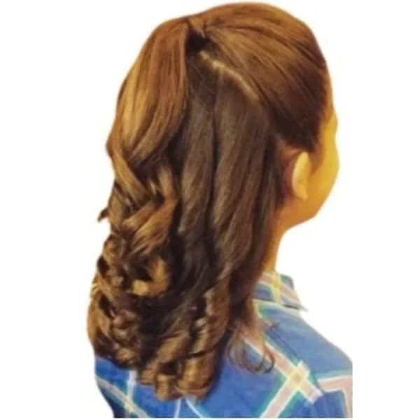 The back of a little girls head.  She has a small pony tail and her hair has been curled with a curling iron.