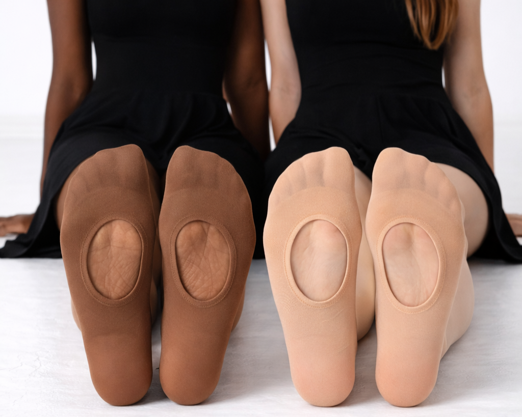 Examples of transition dance tights in different skin tones.