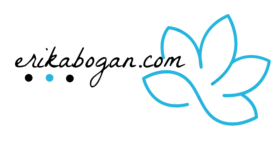 A logo featuring the text 'erikabogan.com' with a stylized blue leaf design on the right side.