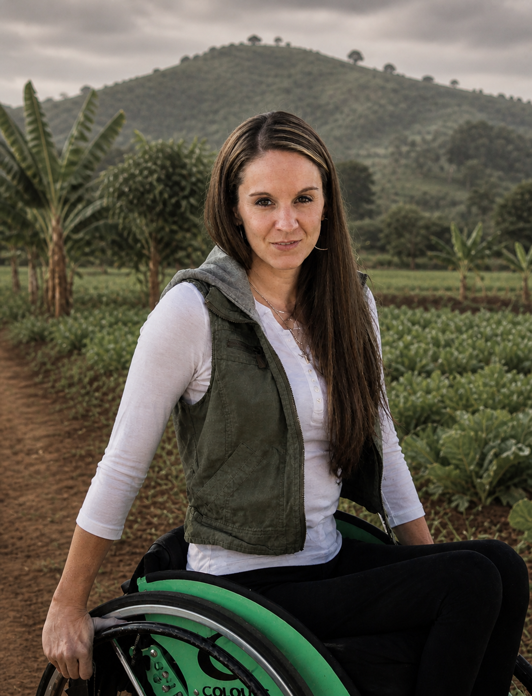 A woman in a wheelchair is outdoors in a rural area with green plants and trees, and a mountain in the background. It is cloudy.