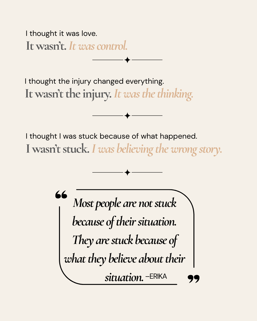 Inspirational quote about love, injury, and perspective, attributed to Erika, with decorative lines and quotation marks on a light beige background.