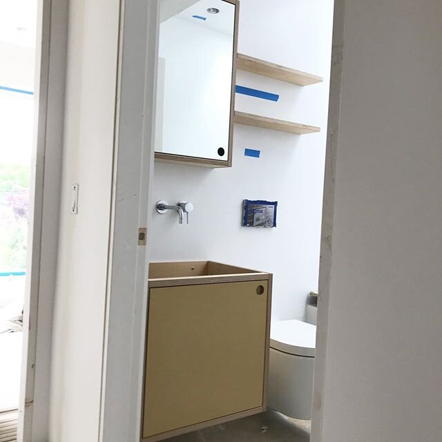 Hard to take pictures. But look at this cute little plywood vanity and mirror cabinet we just finished.