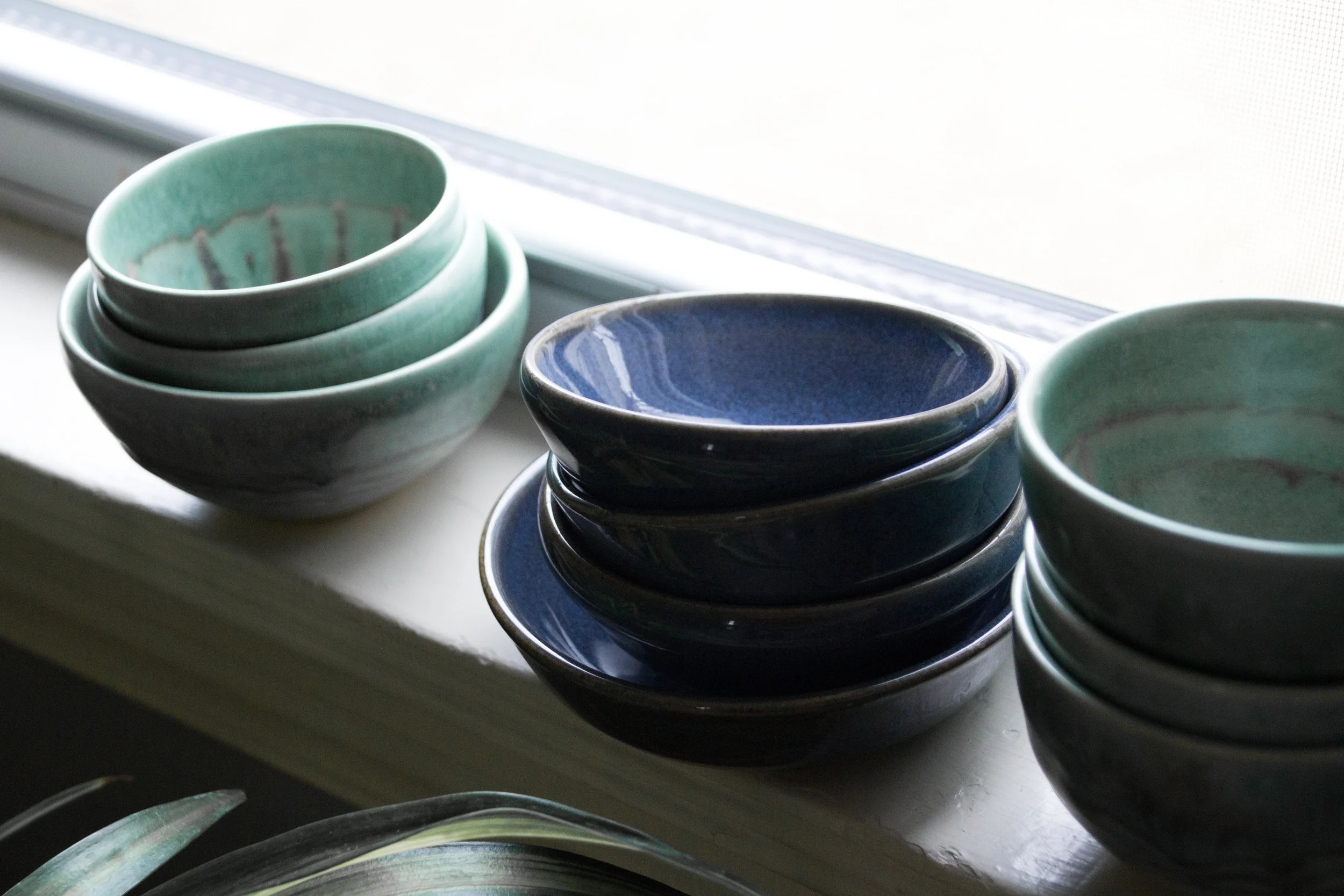 bowls in shades of green and blue, everyone an experiment