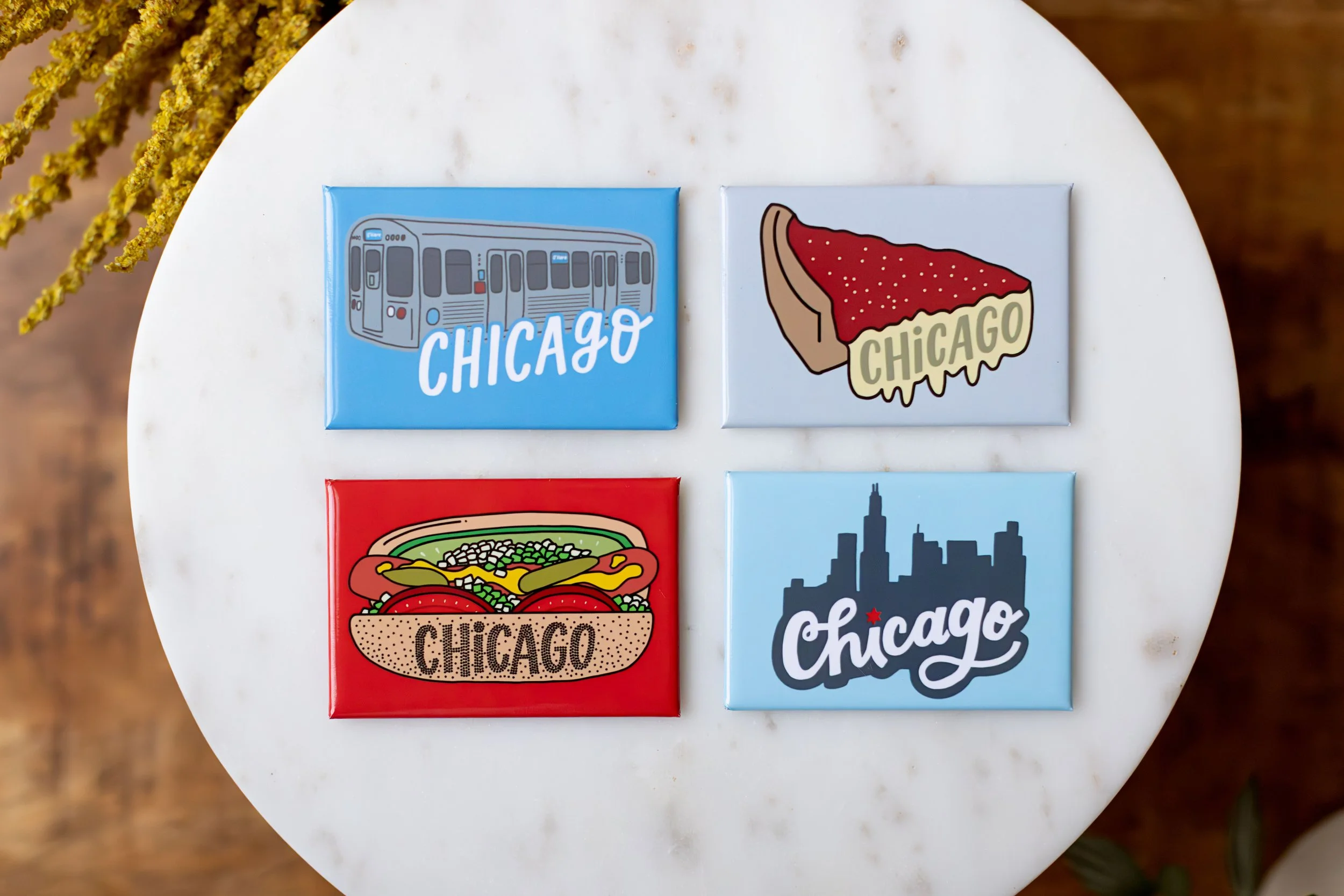 Chicago 2x3'' Thick, Rectangle Magnets: Chicago Blue Line L Train, Chicago Deep Dish Pizza Slice, Chicago Style Hot Dog, and Chicago Skyline