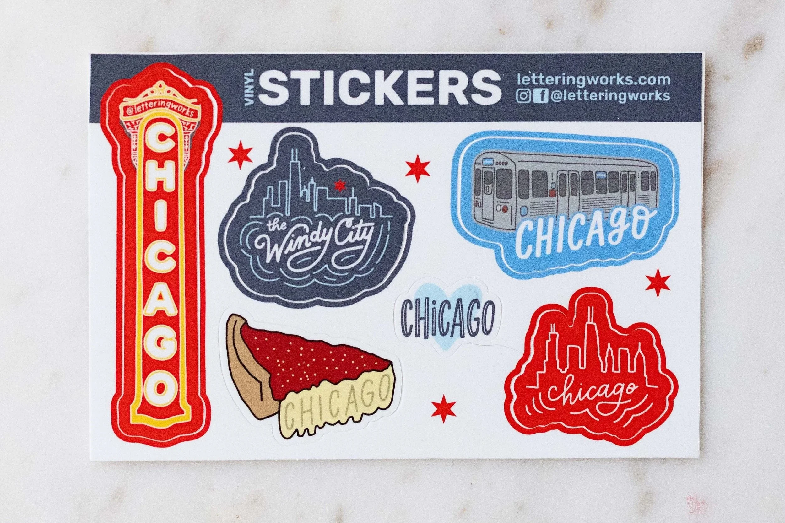 Chicago Sticker sheet with 6 mini stickers: Chicago Theatre, Windy City Skyline, Chicago Deep Dish Slice, Chicago Heart, Chicago Blue Line L Train, and Chicago Skyline