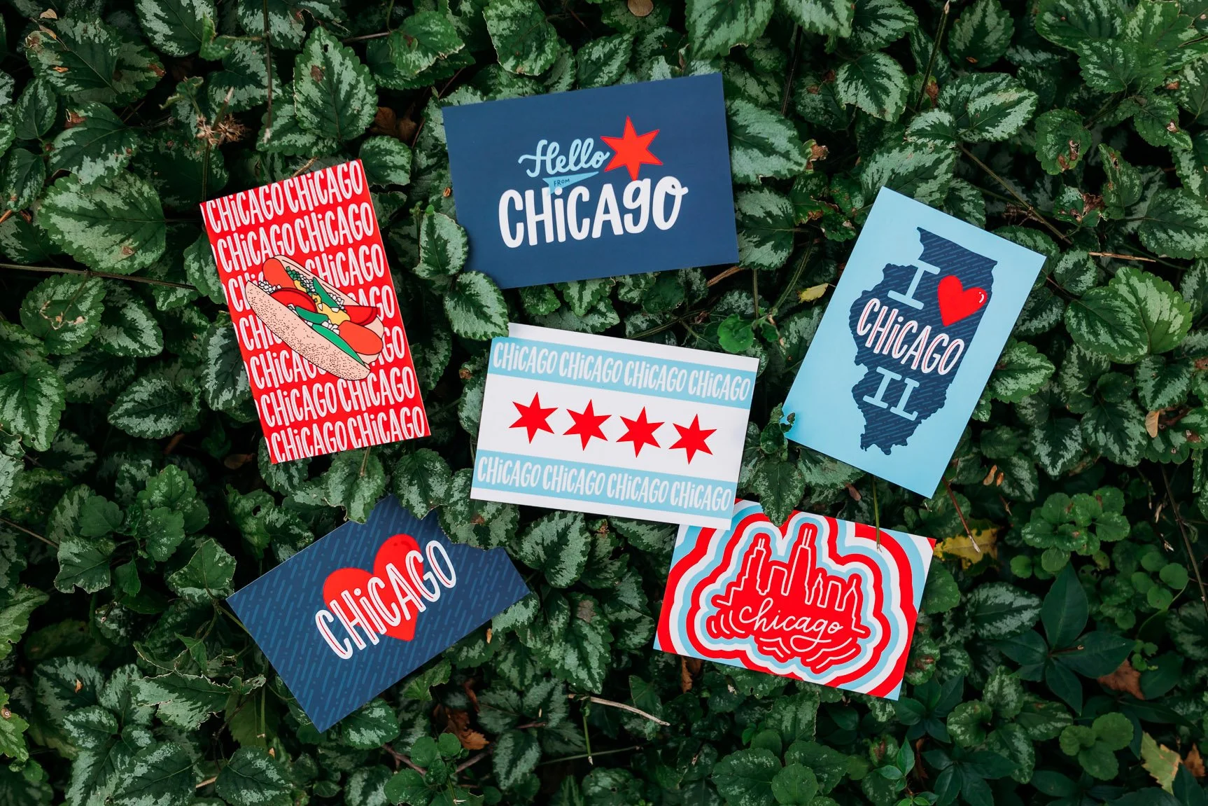 Chicago Style Postcards: Chicago Hot Dog, Hello from Chicago, I Heart Chicago IL, Chicago Flag, Chicago Heart, and Chicago Skyline