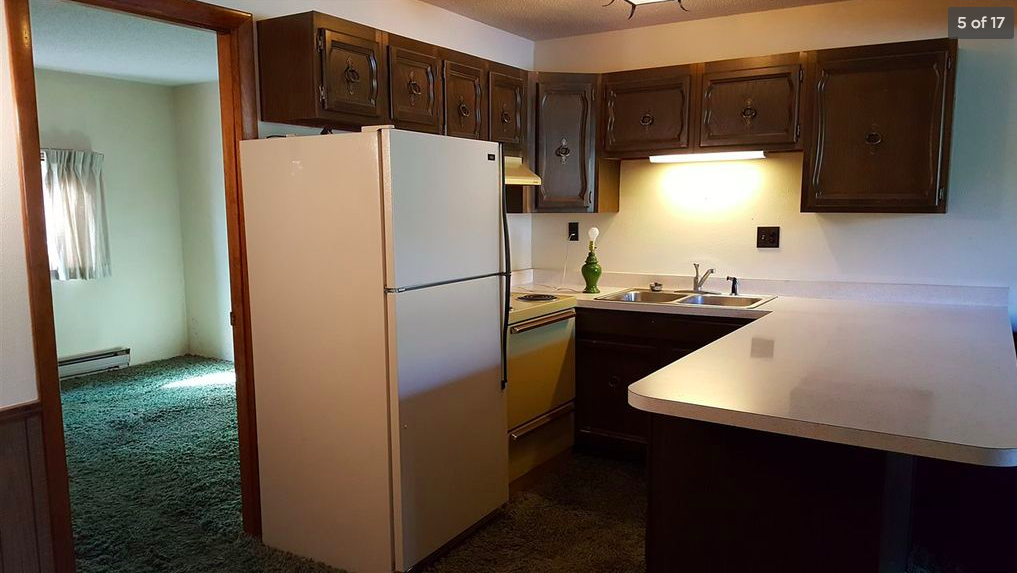 The quaint kitchen and the view into one of two bedrooms, notice the green shag carpeting everywhere—even in the kitchen!