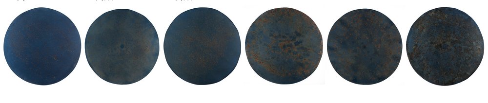   Harrison Walker,   (L to R) Portal No. 200, 201, 205, 207, 208, 210   Cyanotype, Knox Gelatin, Amonium Chloride, Sodium Citrate, on Rives BFK with 20” Steel Disk  Image courtesy of Candela Books and Gallery 