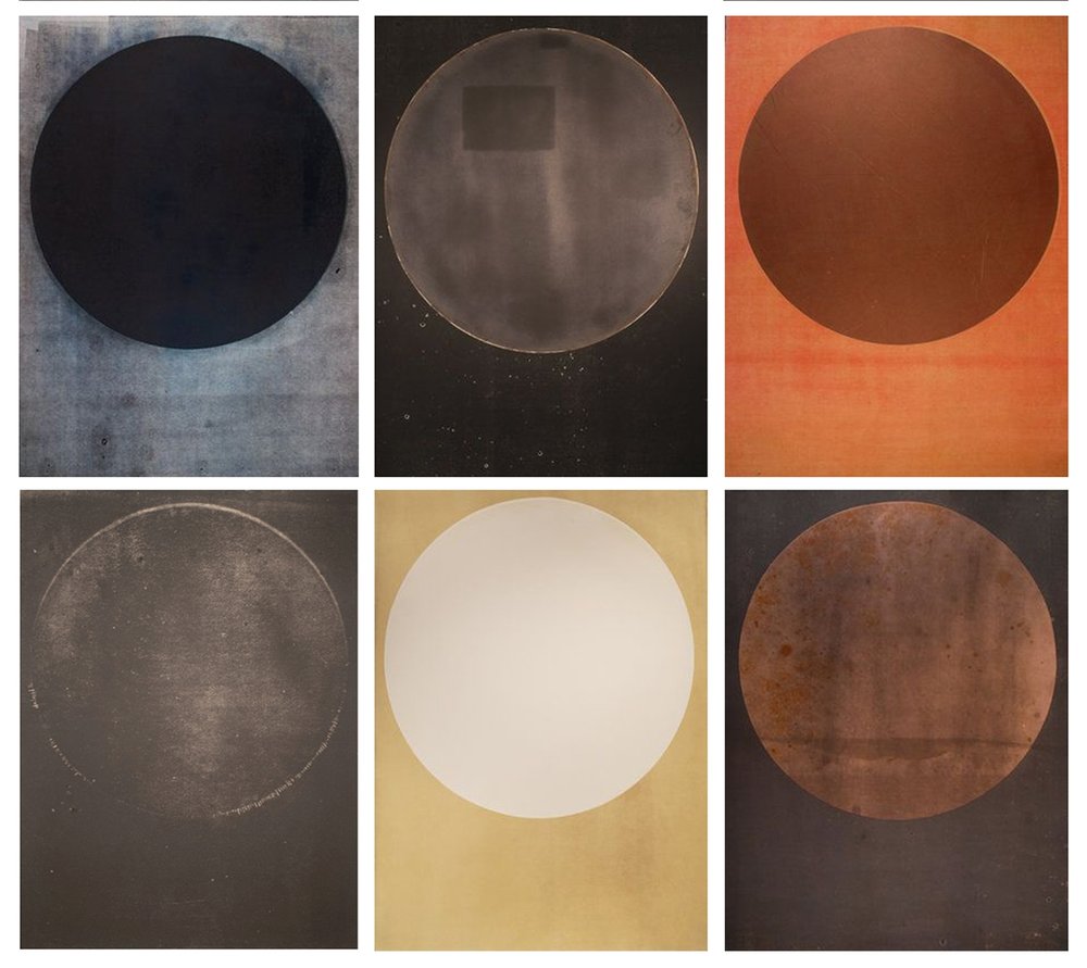   Harrison Walker,   Top Row (L to R) Portal No. 064, 120, 085, Bottom Row (L to R) Portal No. 004, 113, 089   Mixed Media Prints, 30 x 22 inches  Image courtesy of Candela Books and Gallery 