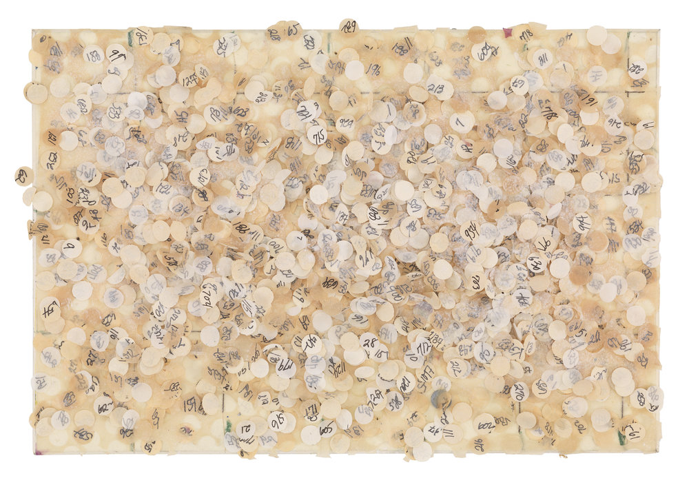   Howardena Pindell ,  Untitled #58 , 1974.  Mixed media on board.   Image courtesy of JK Brown and Eric Diefenbach, New York. 