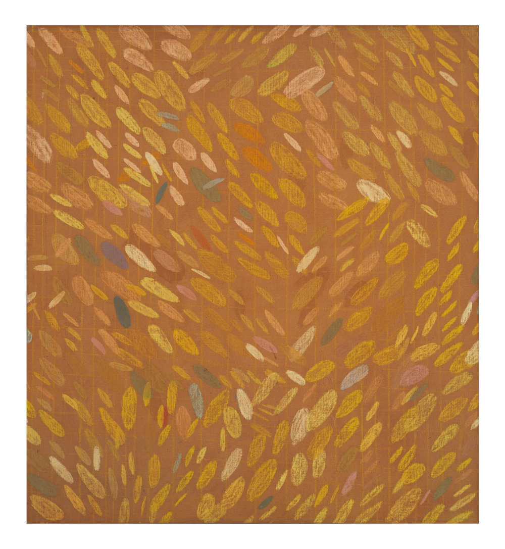   Howardena Pindell ,  Untitled , c. 1968.  Acrylic and cray-pas on canvas.  Image courtesy of Garth Greenan Gallery. 