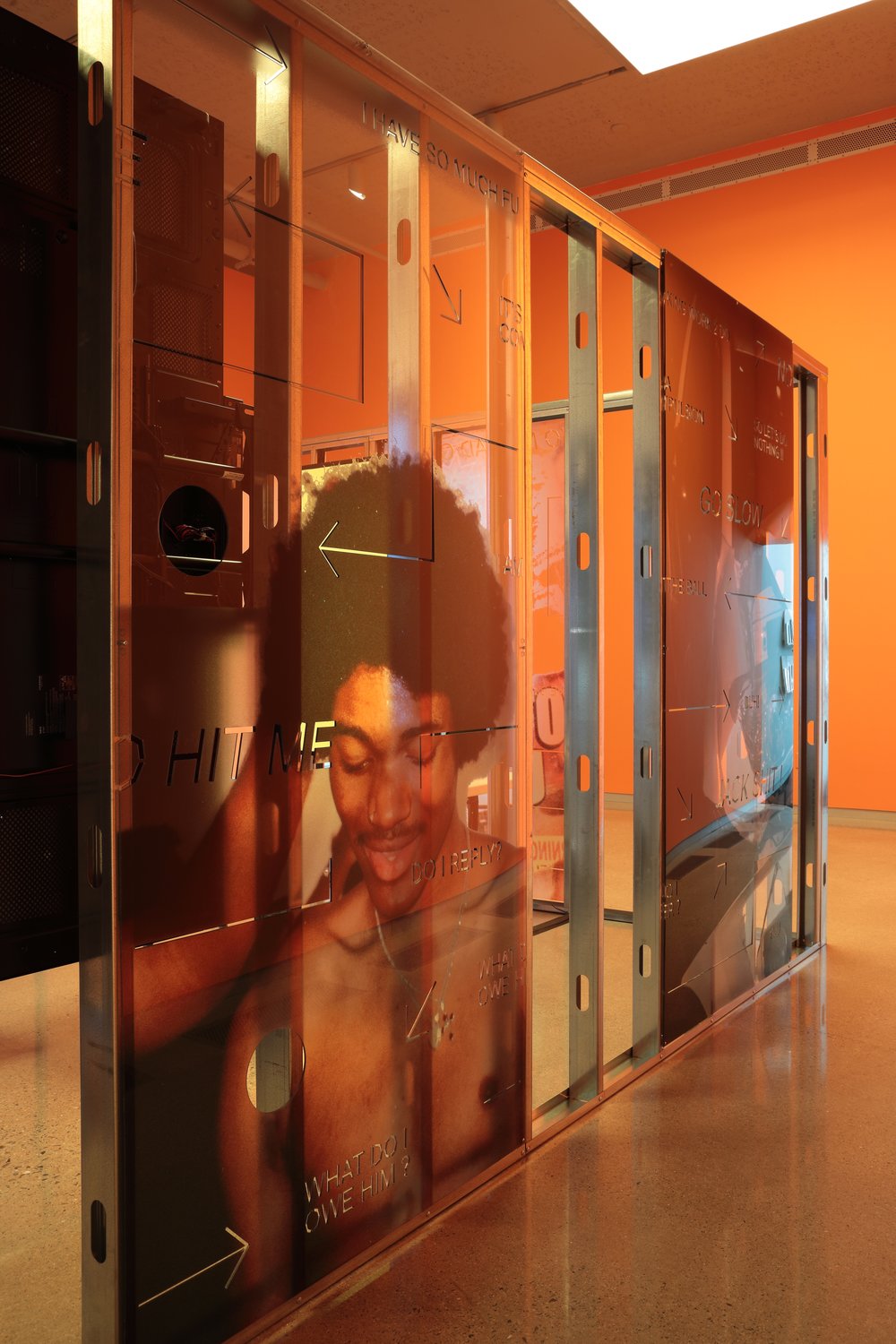   Martine Syms ,  Shame Space , 2019, Dialogues: Irena Haiduk and Martine Syms, Institute for Contemporary Art at Virginia Commonwealth University, Richmond, Virginia, 2019  Interactive video installation including photographic-printed acrylic with C