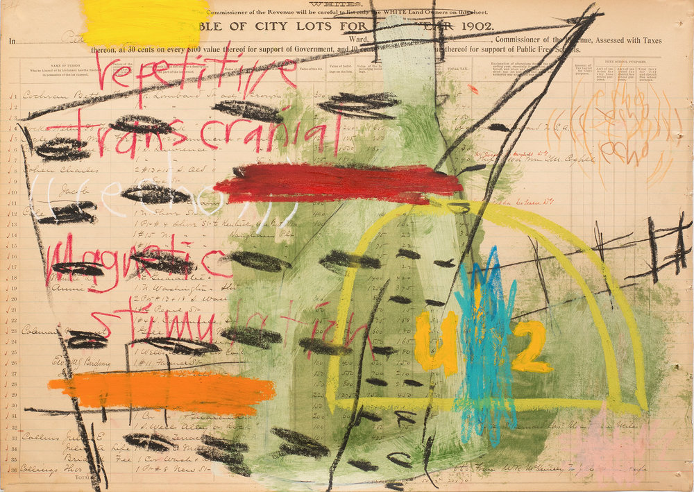   Aimee Joyaux,   City Lots: Echo, You Be Too,  2016/2017  Oil stick, oil pastel, colored pencil, ledger paper, (original property records from the city of Petersburg from 1902 - 03), 18" x 24”  Image courtesy of the artist 