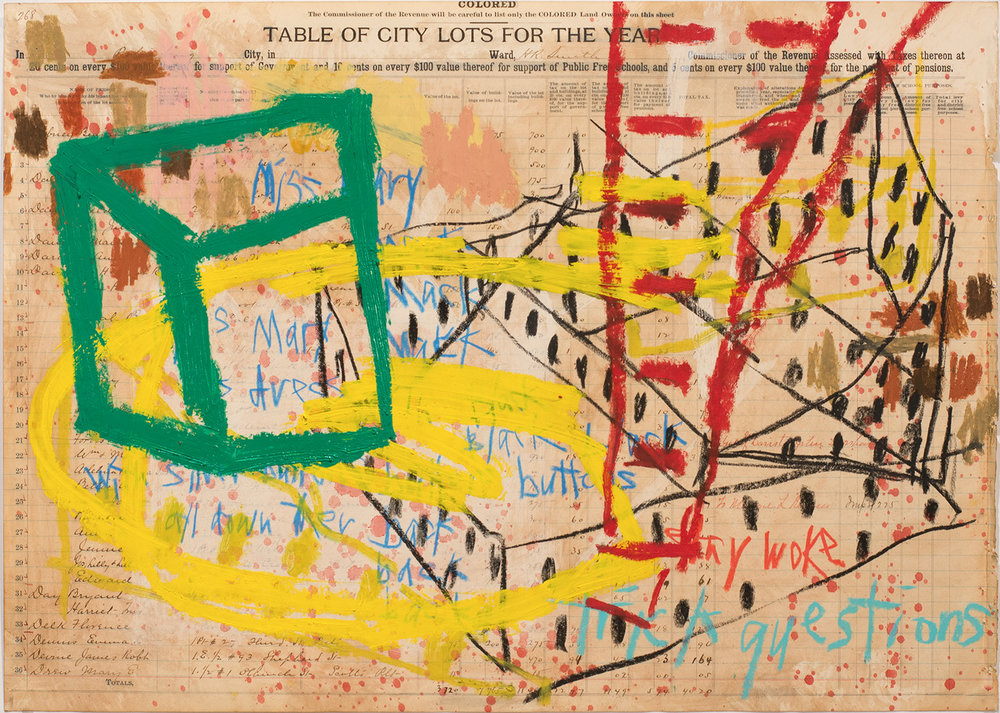   Aimee Joyaux,   City Lots: Miss Mary Mack,  2016/2017  Oil stick, oil pastel, colored pencil, ledger paper, (original property records from the city of Petersburg from 1902 - 03), 18" x 24”  Image courtesy of the artist 
