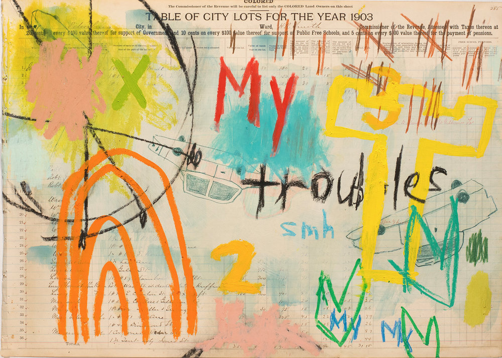   Aimee Joyaux,   City Lots: My Troubles Are Comin' ,  2016/2017  Oil stick, oil pastel, colored pencil, ledger paper, (original property records from the city of Petersburg from 1902 - 03), 18" x 24”  Image courtesy of the artist 