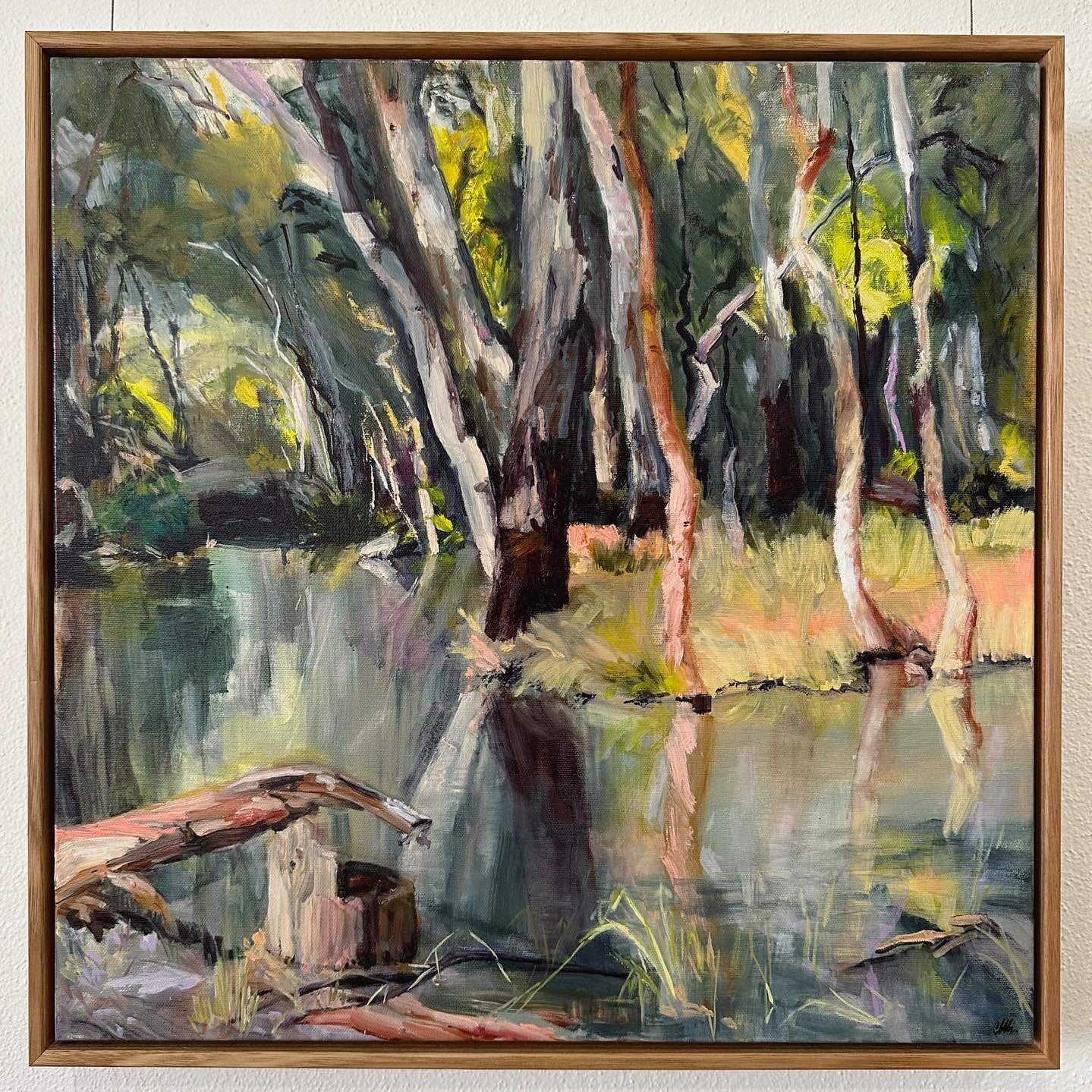 Posted @withregram &bull; @satchandcogallery The stunning reflections in &lsquo;Here I Whisper&rsquo; 53x53cm framed oil by @melindagiblett_art

Please DM or 0407343528 for enquiries.  All works are on the gallery website.
&bull;
&bull;
&bull;
#austr