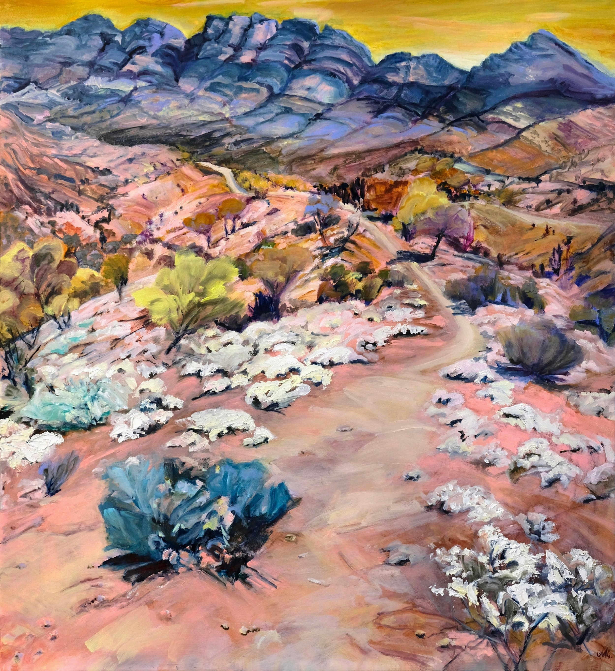 Held by this ancient folded land (spring blooming) 2024 oil on polyester 69 x 64cm