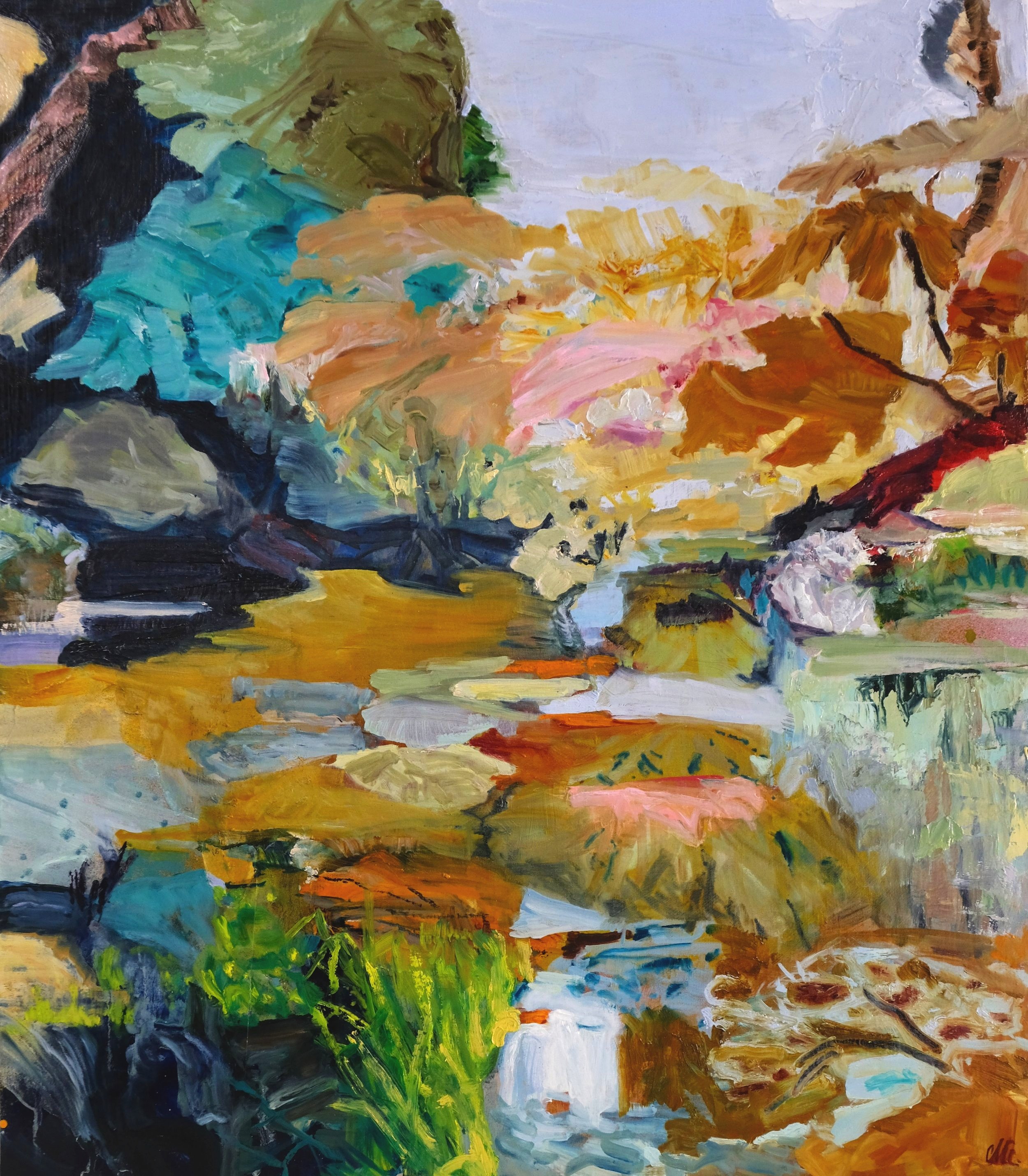 Last light (dreaming of Wattamolla) 2024 oil and collage on birch panel 34.8 x 40cm