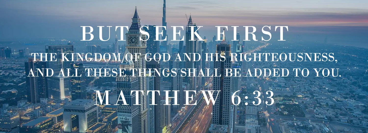 international city skyline sunset seek God first scripture