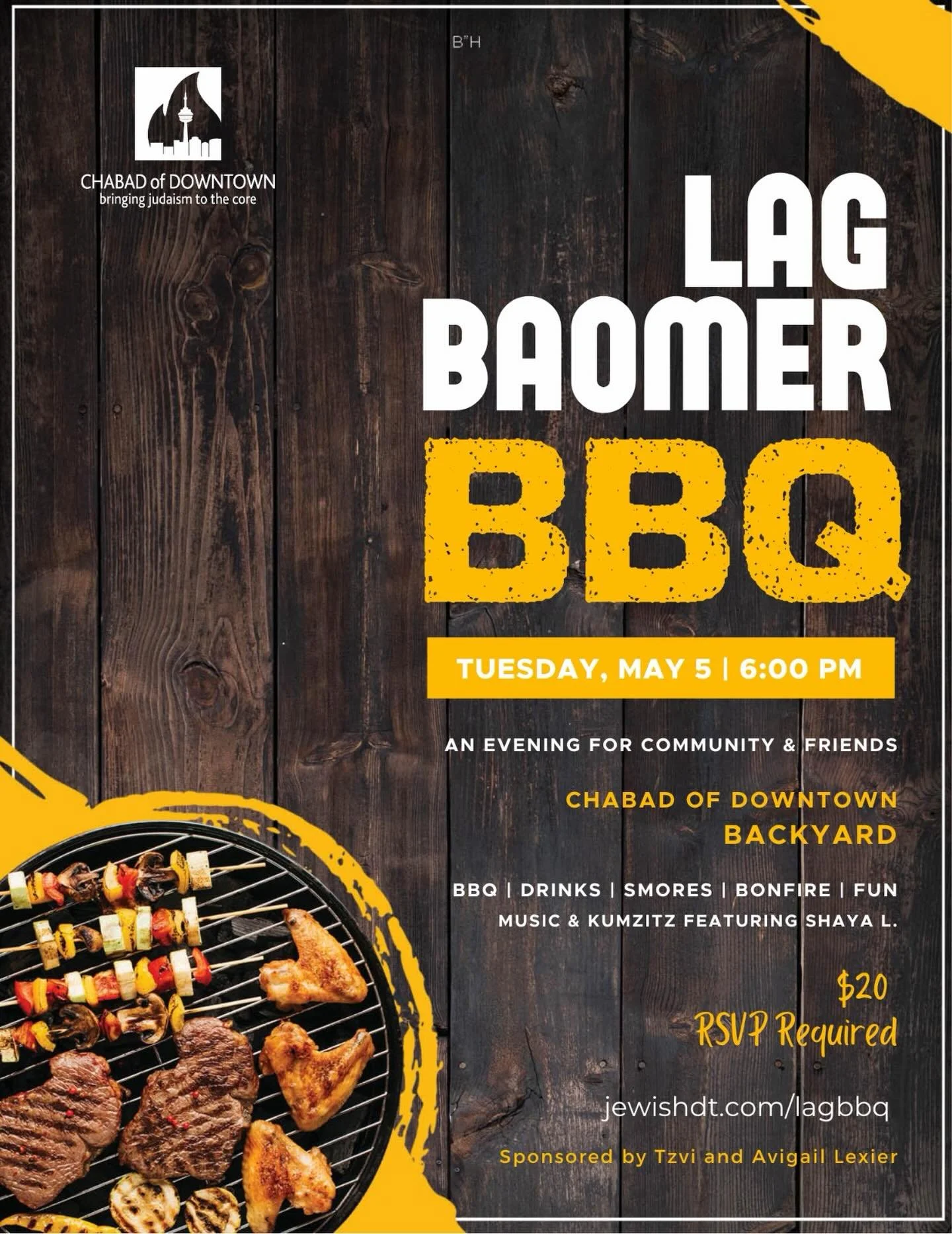 ✨ Community Lag BaOmer BBQ! 🔥🍔 

🗓️ Tuesday, May 5th 
⏰ 6:00 PM 

🍔 Delicious BBQ 
🍫🔥 S&rsquo;mores by the fire 
🔥 Cozy bonfire vibes 
🎶 Great music and Kumzitz
💫 And plenty more fun! 

📲 RSVP: www.jewishdt.com/lagbbq 

Bring your friends a