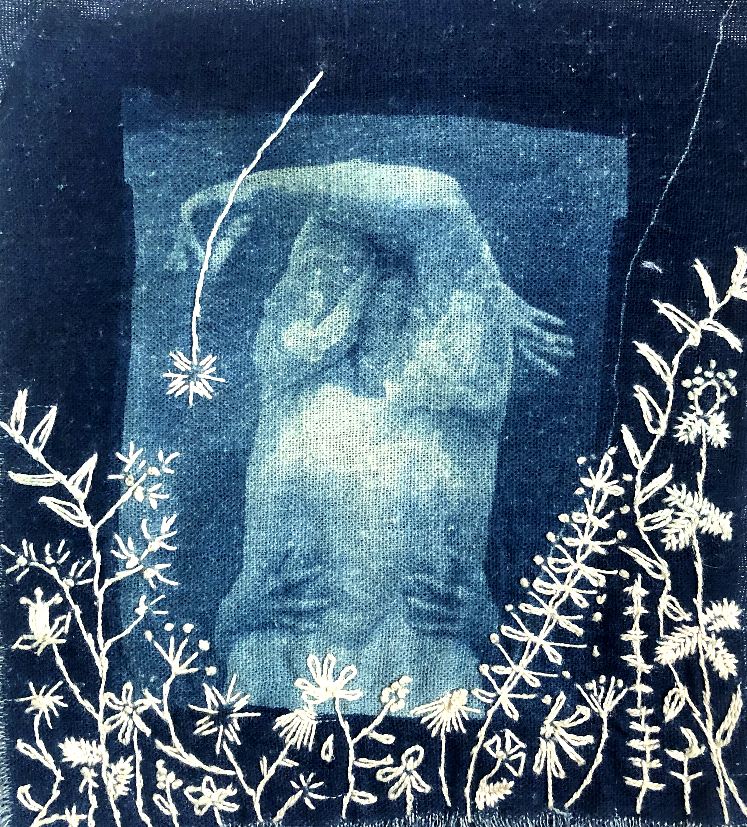  Cyanotypes on linen contact printed from 4x5 negatives  embellished with cotton thread embroidery   