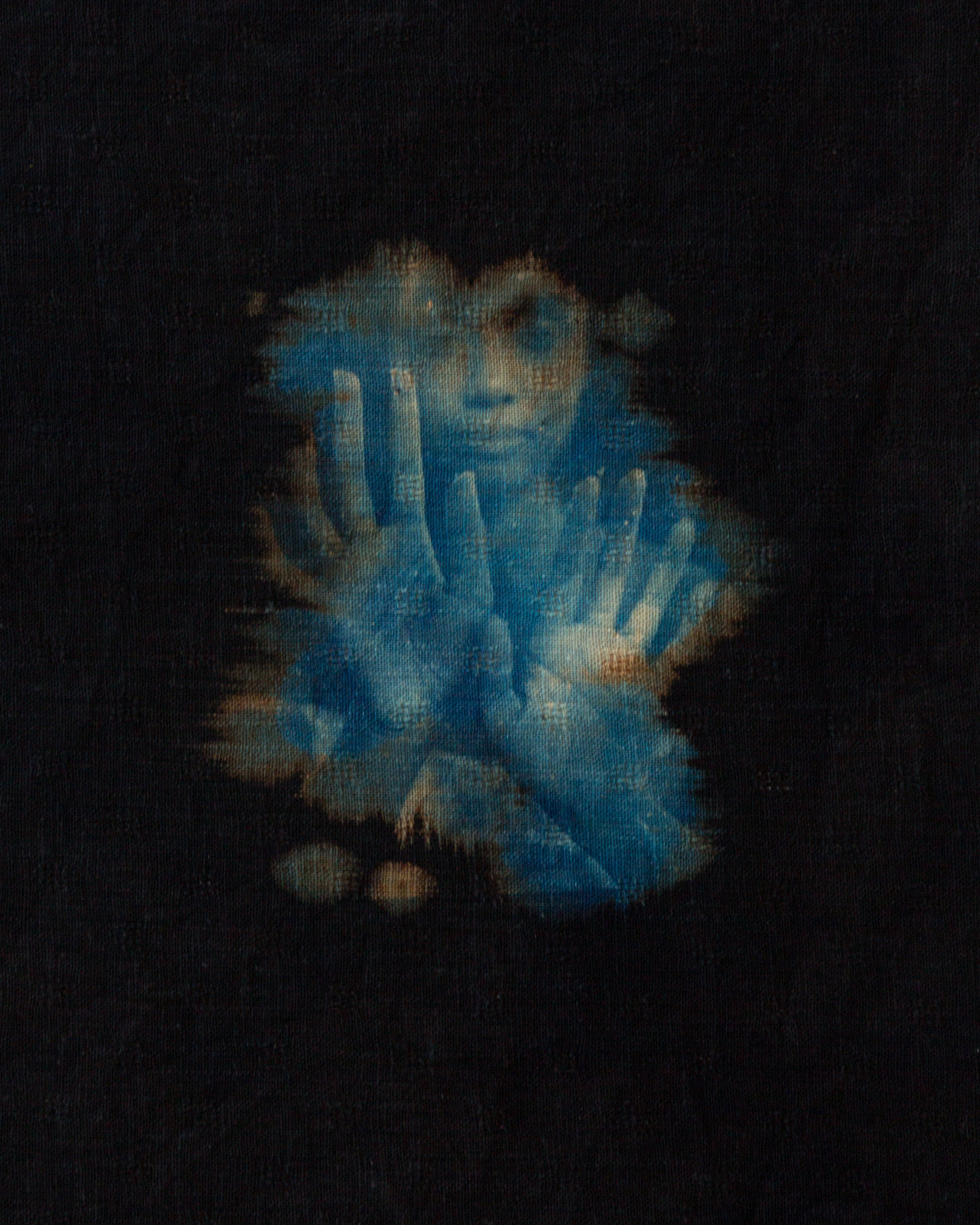  4x5 film contact printed cyanotype on bleached, black linen 