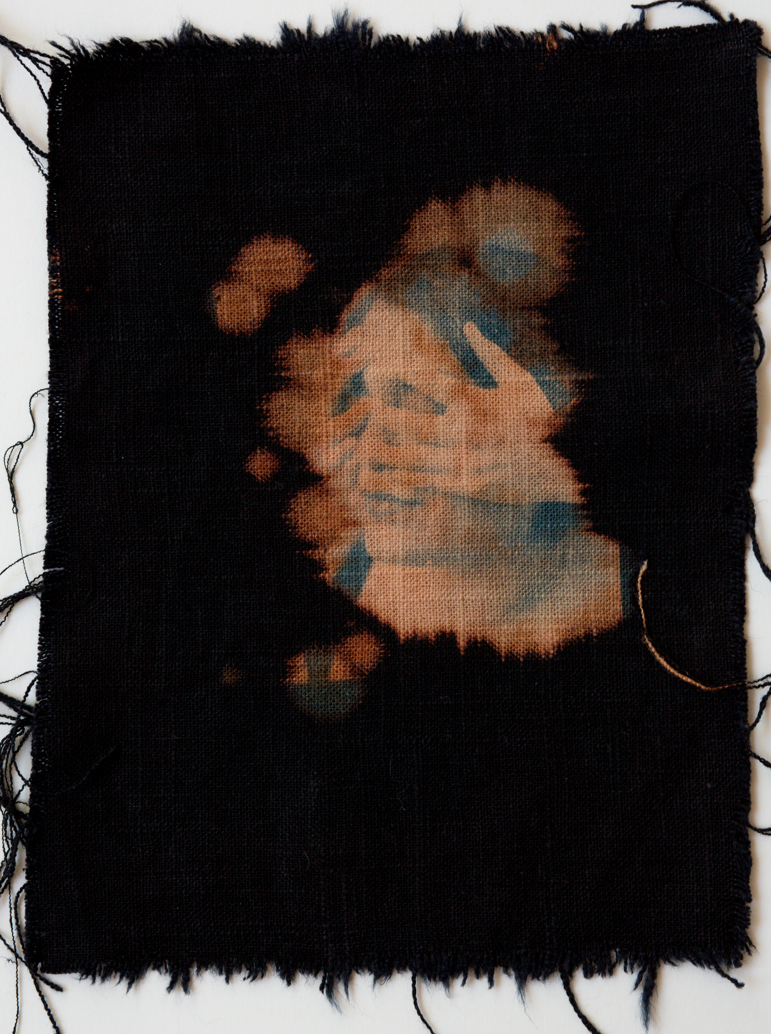  4x5 film contact printed cyanotype on bleached, black linen 