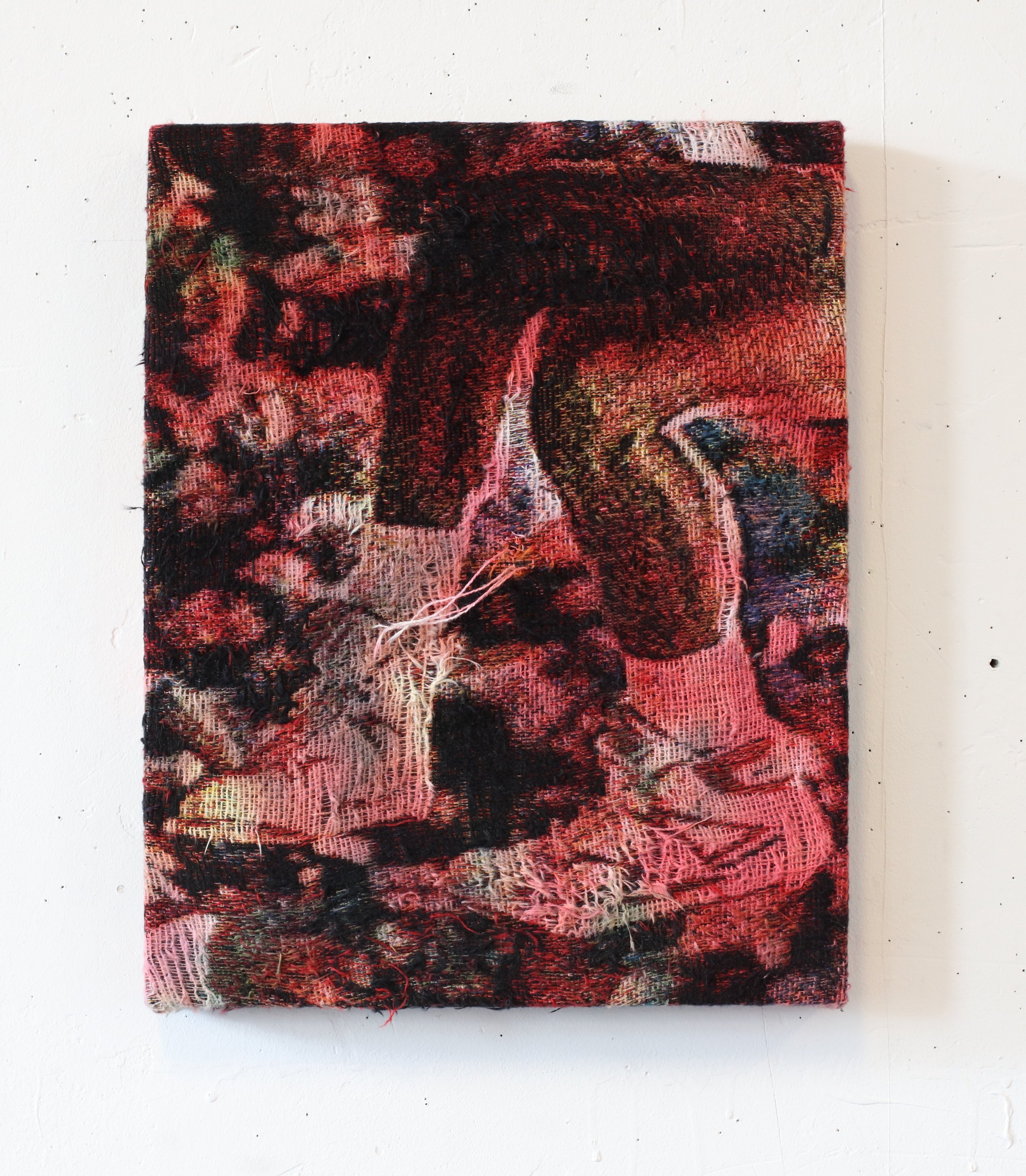 Nique , 18” x 15'“, Dye on distressed, stretched Jacquard tapestry, 2017