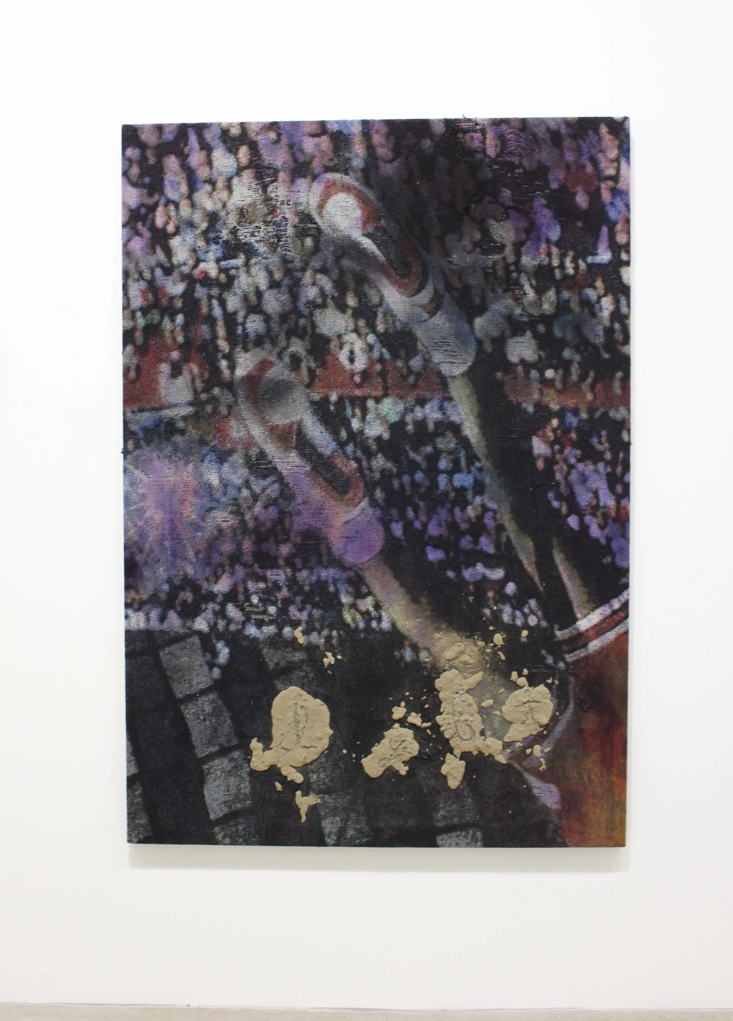 Lyft , 72”x 52'“, Carved dirt and dye on distressed, stretched Jacquard tapestry, 2017