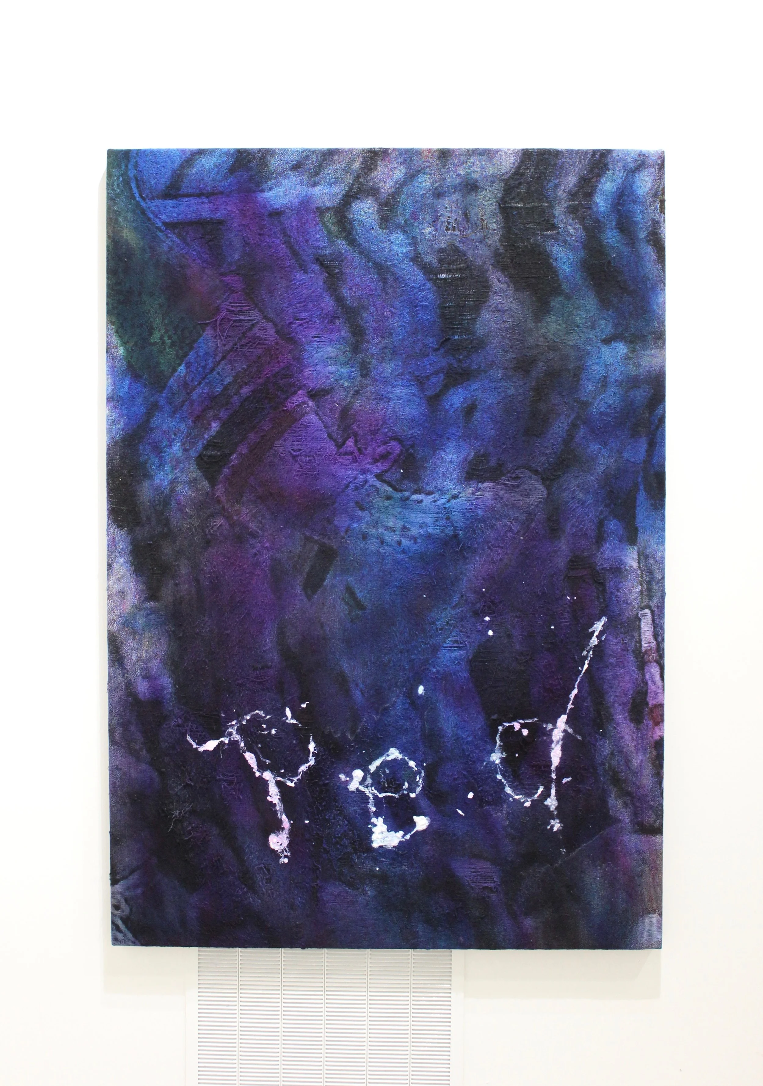 Ped , 72”x 52'“, Dye and acrylic on distressed, stretched Jacquard tapestry, 2017