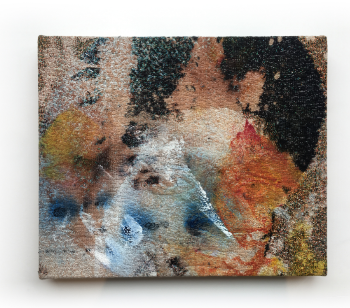 Sportsman II , 2017, Mixed media on bleached distressed, stretched Jacquard tapestry, 15” x 18”