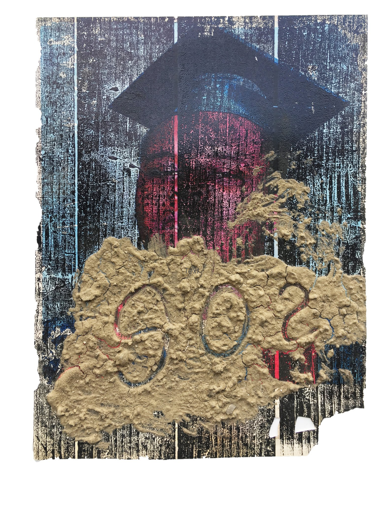 Escapsism (SOS) , 2017, Epson transfer on woodblock print and dirt on erased Ebony page, 13” x 10”