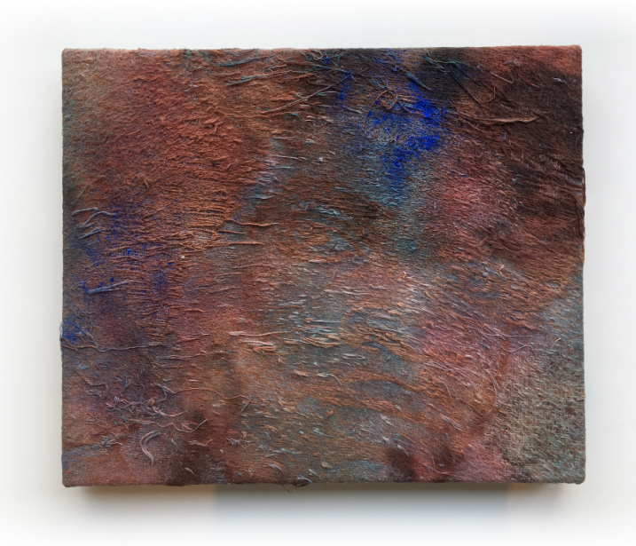 Sportsman I , 2017, Mixed media on bleached distressed, stretched Jacquard tapestry, 15” x 18”