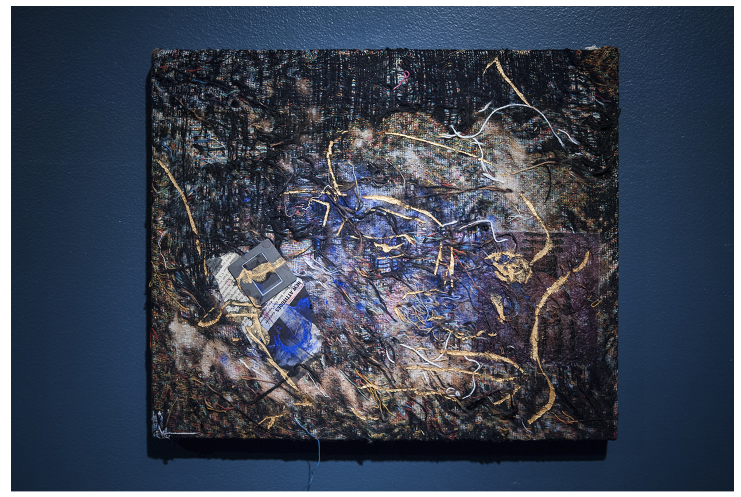 Sportsman , 2016, Mixed media on distressed, stretched Jacquard tapestry (barbershop portrait), 15” x 18”